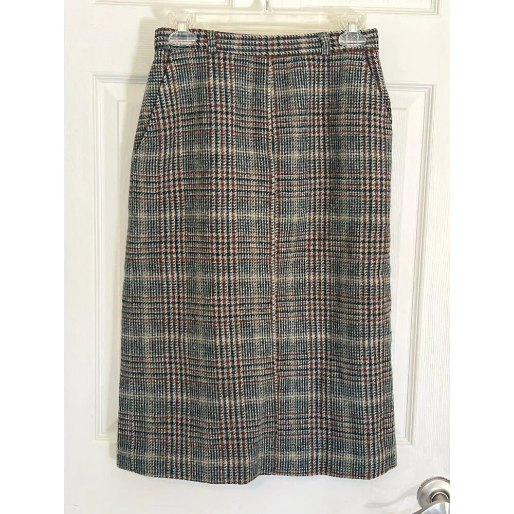 John Mayer Vintage Plaid Wool Knee Length Pencil Skirt 10 Academia Moody Scholar - Picture 1 of 8